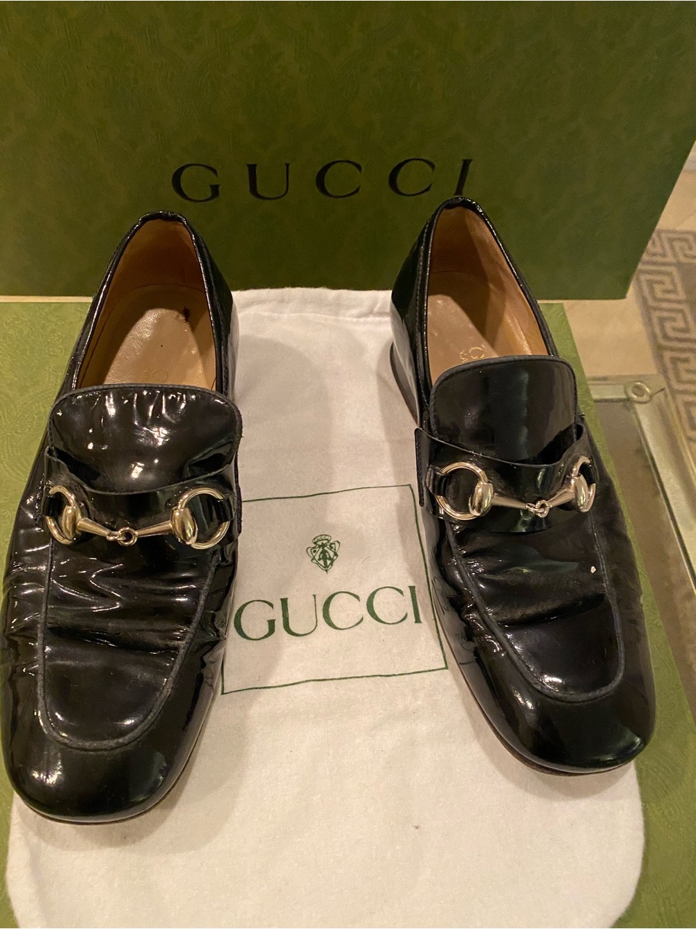 Gucci Black Patent Leather Horsebit Slip-On Loafers